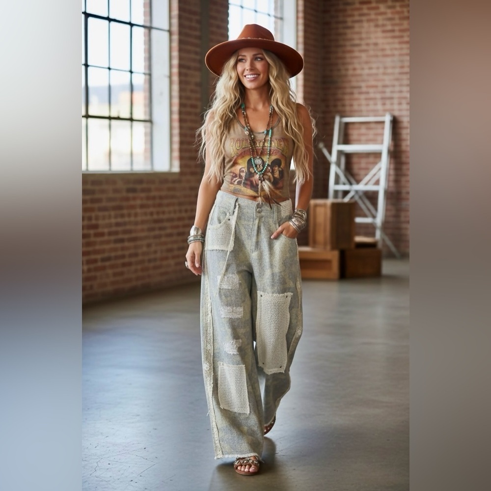 NWT POL Patchwork Boho Patch Crochet Wide Leg Cam… - image 2